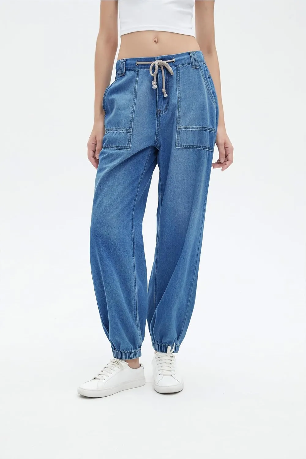 Women's Balloon Jogger Jeans High Waist Drawstring Elastic Waist Casual Loose Boyfriend Denim Pants