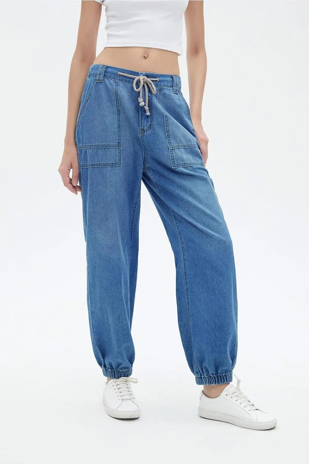Women's Balloon Jogger Jeans High Waist Drawstring Elastic Waist Casual Loose Boyfriend Denim Pants