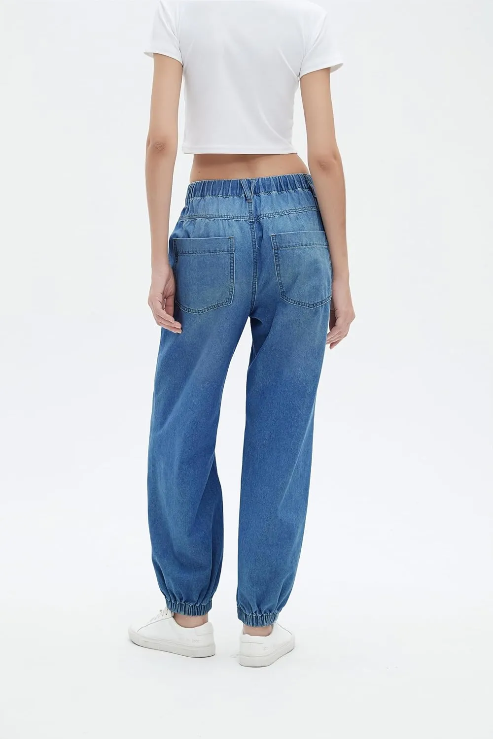 Women's Balloon Jogger Jeans High Waist Drawstring Elastic Waist Casual Loose Boyfriend Denim Pants