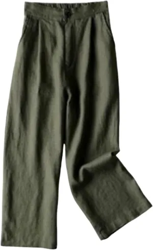 Women's Beach Capri Linen Pants Summer Casual Tapered Palazzo Pants Wide Leg Elastic Waiste Trousers with Pockets