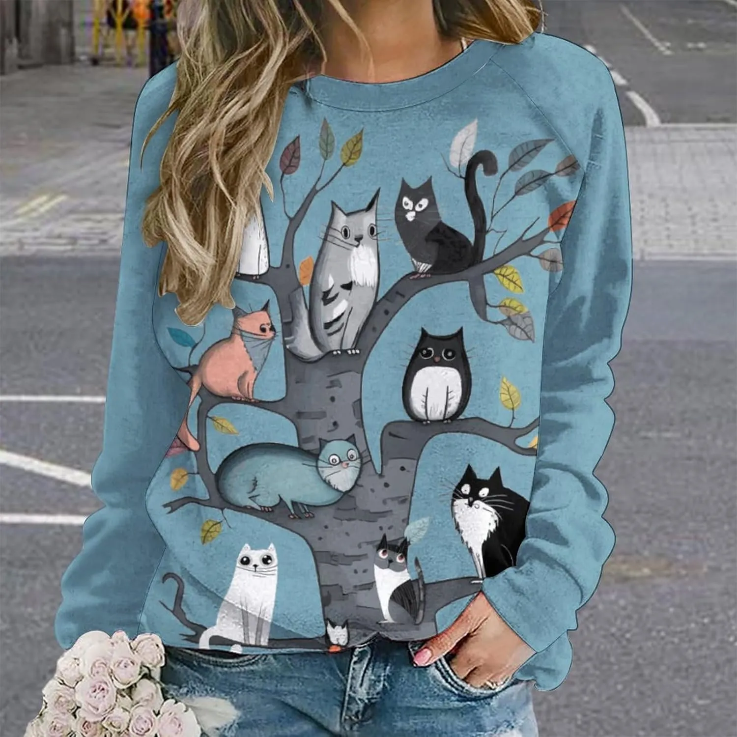 Women's Black Cat Sweatshirt Pullover Cute Cat Lover 3D Graphic Print Sweatshirts Crewneck Casual Loose Shirts
