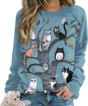Women's Black Cat Sweatshirt Pullover Cute Cat Lover 3D Graphic Print Sweatshirts Crewneck Casual Loose Shirts