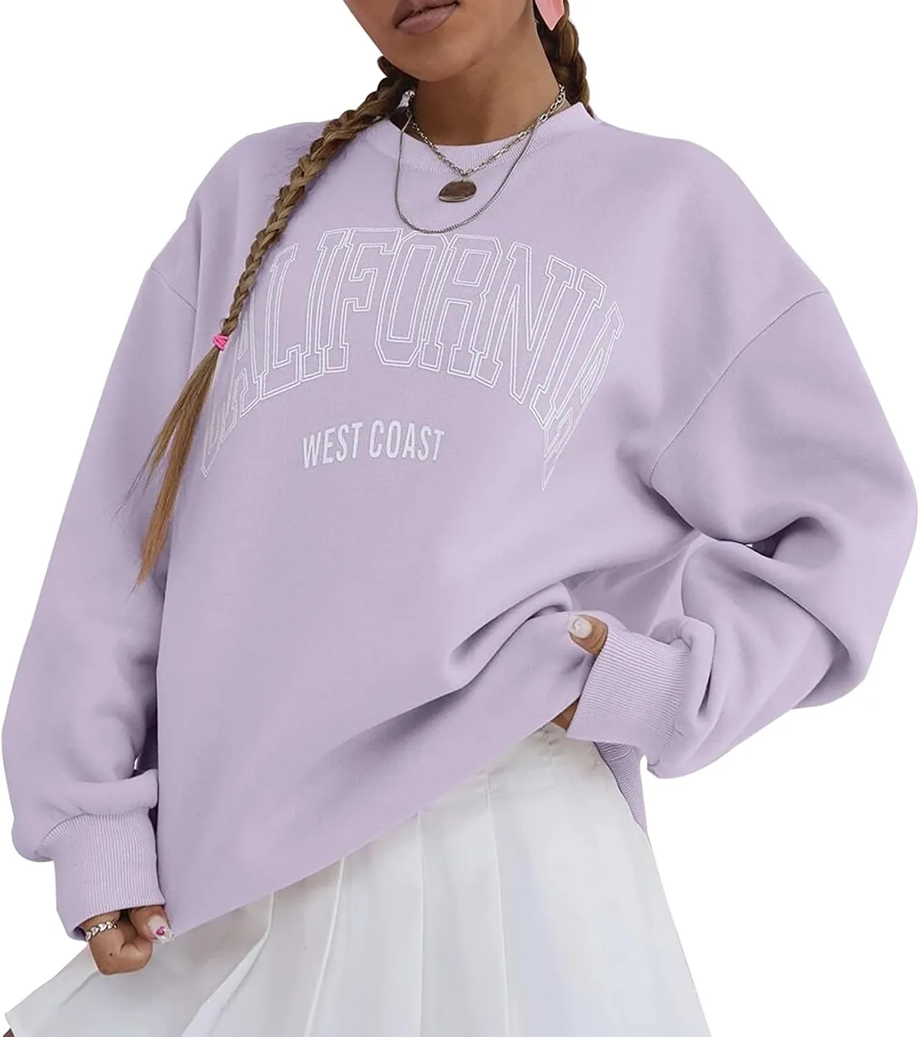 Women’s California Letter Graphic Oversize Fleece Sweatshirt Crew Neck Drop Shoulder Pullover Y2K Fall Teens