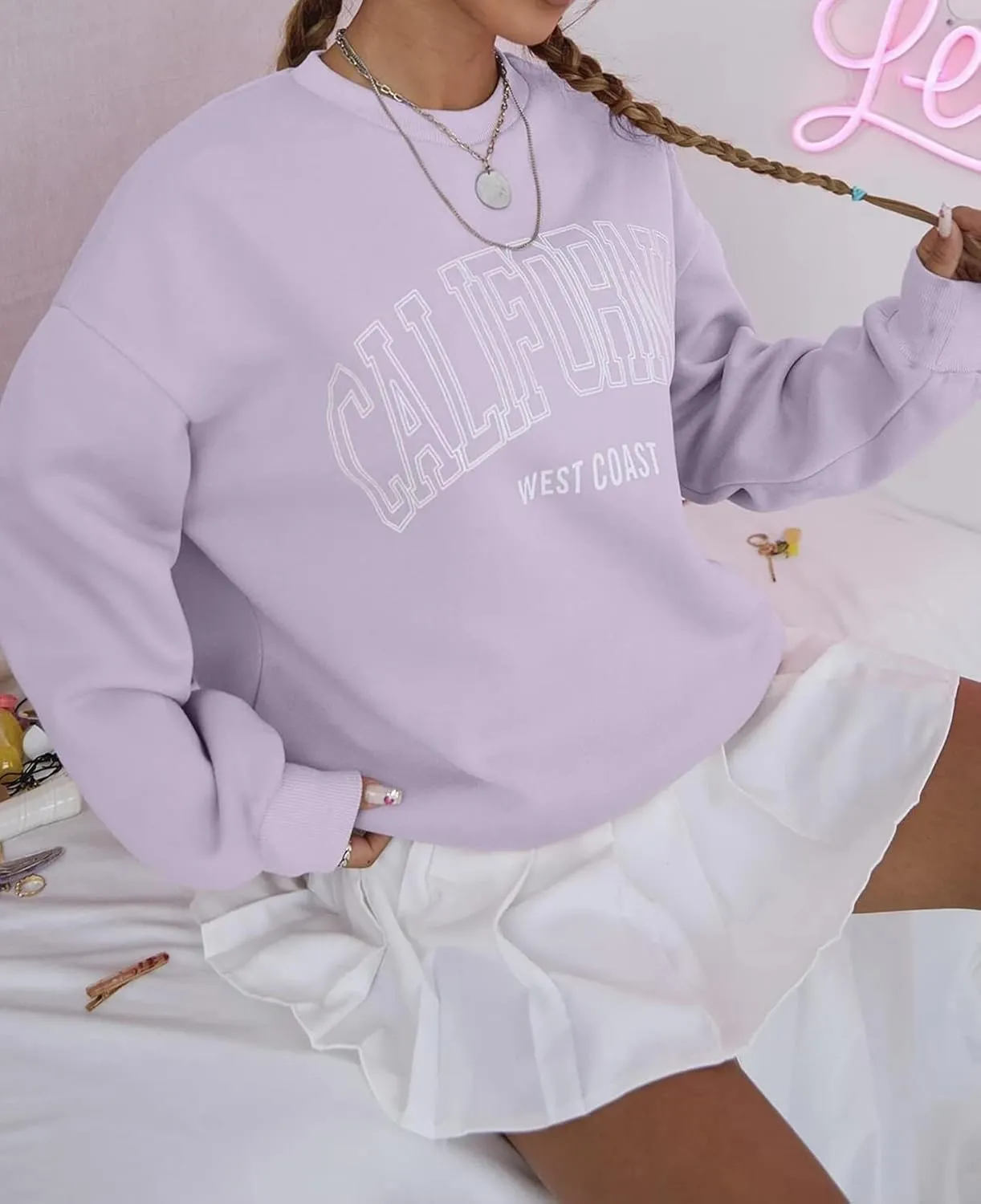 Women’s California Letter Graphic Oversize Fleece Sweatshirt Crew Neck Drop Shoulder Pullover Y2K Fall Teens
