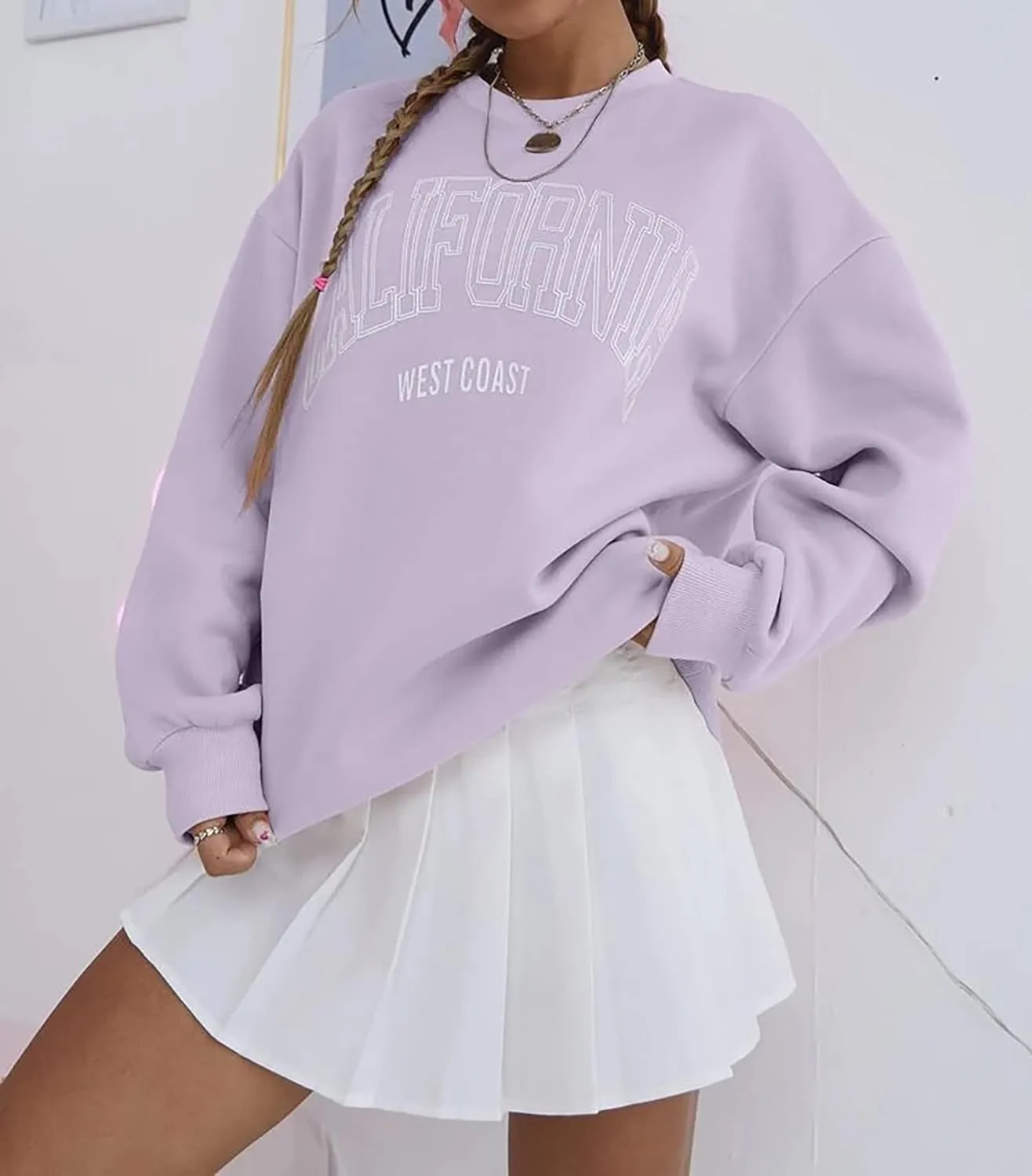 Women’s California Letter Graphic Oversize Fleece Sweatshirt Crew Neck Drop Shoulder Pullover Y2K Fall Teens