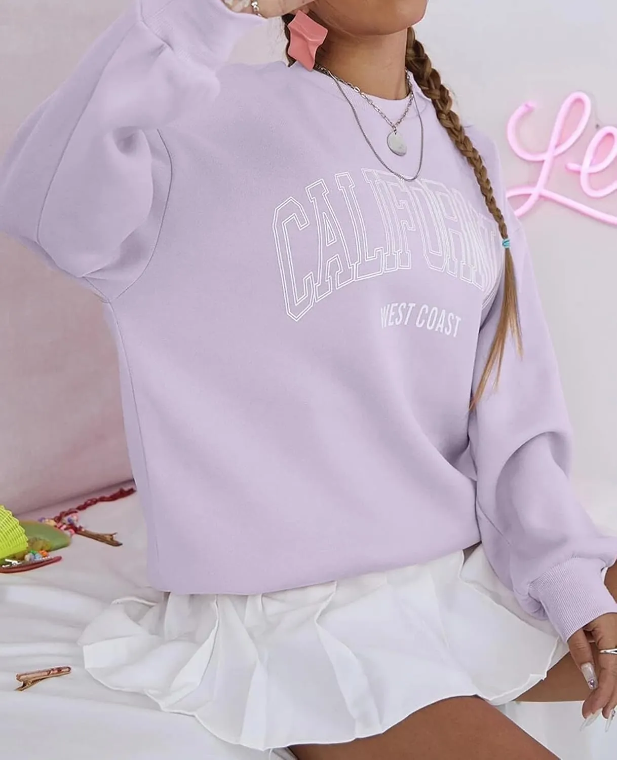 Women’s California Letter Graphic Oversize Fleece Sweatshirt Crew Neck Drop Shoulder Pullover Y2K Fall Teens