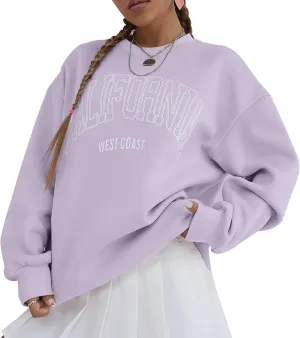 Women’s California Letter Graphic Oversize Fleece Sweatshirt Crew Neck Drop Shoulder Pullover Y2K Fall Teens