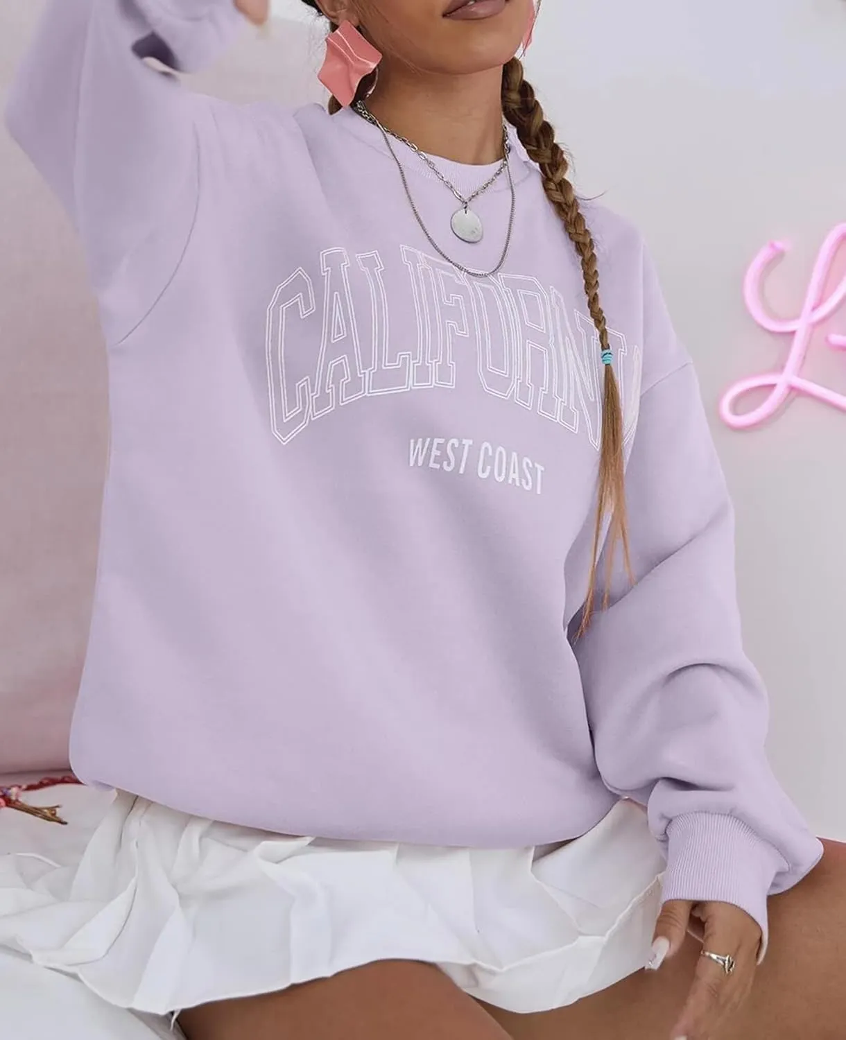 Women’s California Letter Graphic Oversize Fleece Sweatshirt Crew Neck Drop Shoulder Pullover Y2K Fall Teens