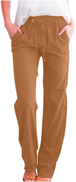Women's Casual Cotton Linen Pants Summer Relax Fit Elastic Waist Straight Leg Comfy Solid Color Lounge Long Trouser