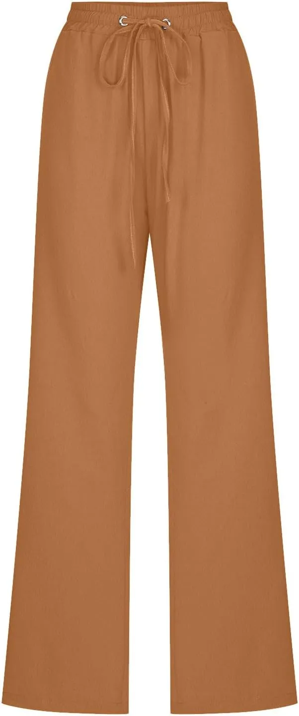 Women's Casual Cotton Linen Pants Summer Relax Fit Elastic Waist Straight Leg Comfy Solid Color Lounge Long Trouser