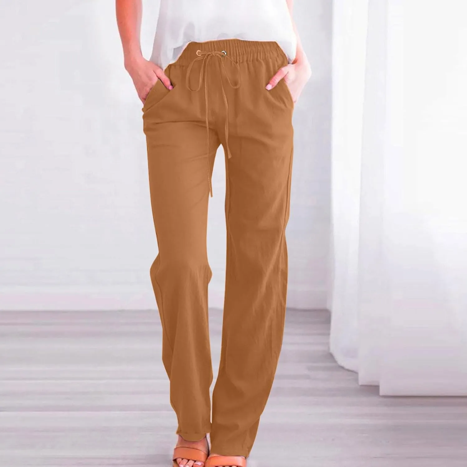 Women's Casual Cotton Linen Pants Summer Relax Fit Elastic Waist Straight Leg Comfy Solid Color Lounge Long Trouser