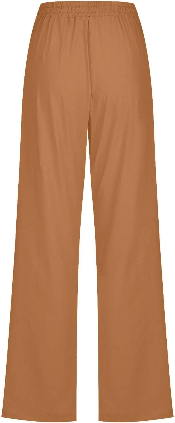 Women's Casual Cotton Linen Pants Summer Relax Fit Elastic Waist Straight Leg Comfy Solid Color Lounge Long Trouser