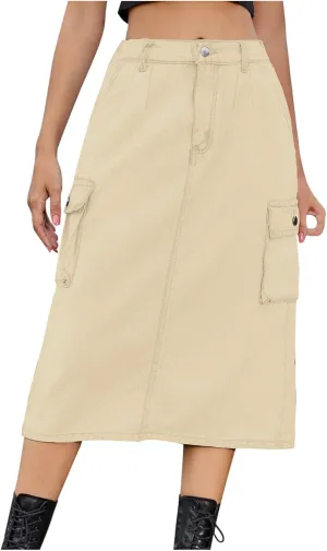 Womens Casual Denim Skirt Button High Waisted Split A-line Midi Skirt Bodycon Pencil Jean Skirt with 2 Flap Pockets