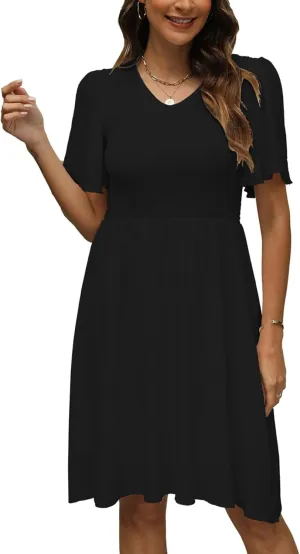 Women's Casual Dress Summer 2025 Mini V Neck Dress Short Sleeve Elastic Flowy Swing Dress