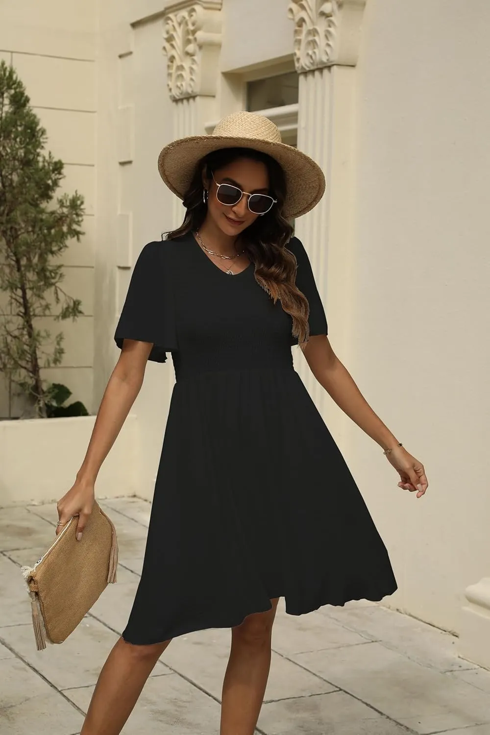 Women's Casual Dress Summer 2025 Mini V Neck Dress Short Sleeve Elastic Flowy Swing Dress