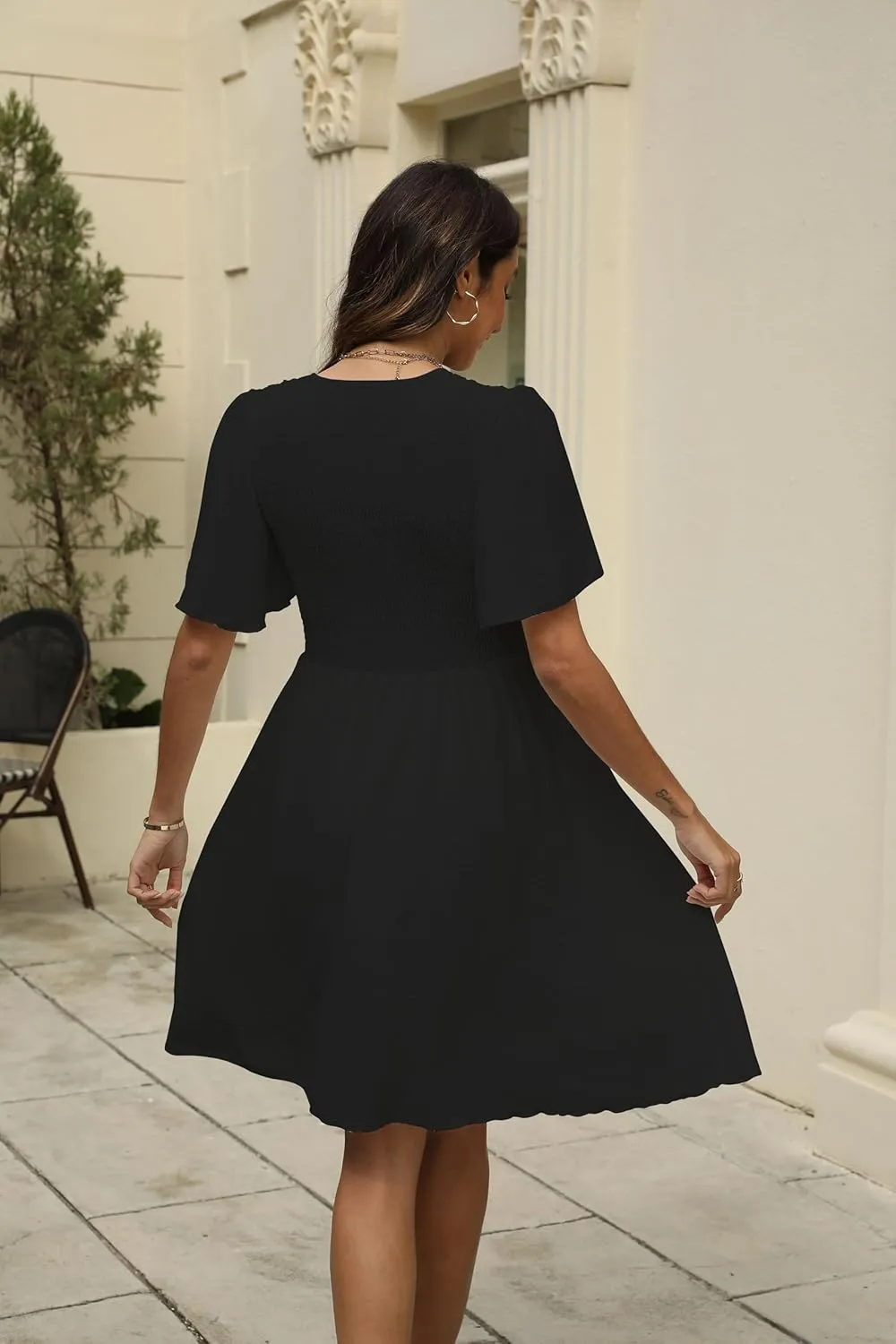 Women's Casual Dress Summer 2025 Mini V Neck Dress Short Sleeve Elastic Flowy Swing Dress