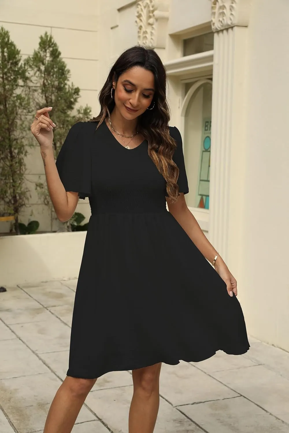 Women's Casual Dress Summer 2025 Mini V Neck Dress Short Sleeve Elastic Flowy Swing Dress