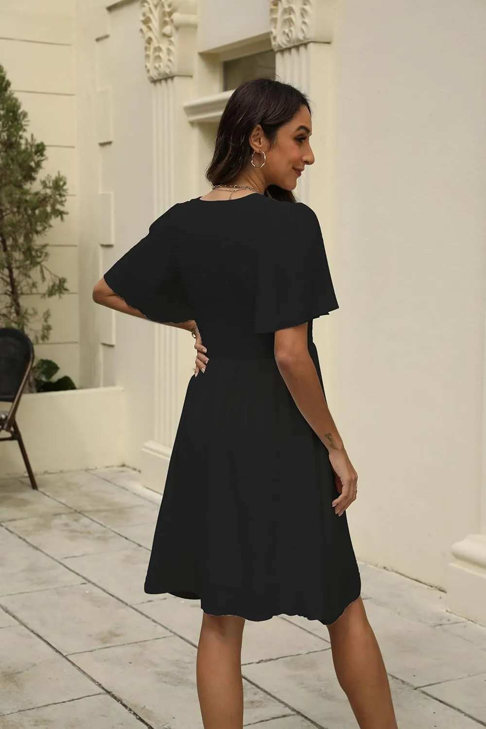 Women's Casual Dress Summer 2025 Mini V Neck Dress Short Sleeve Elastic Flowy Swing Dress