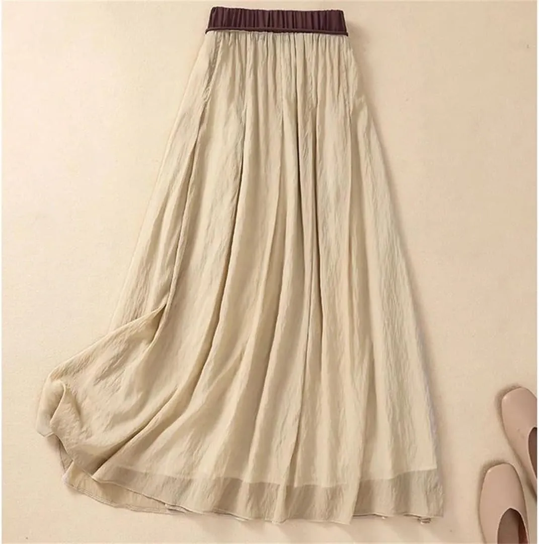 Women's Casual High Waist Skirt Solid Color Lace Mid-Length Pleated Skirt