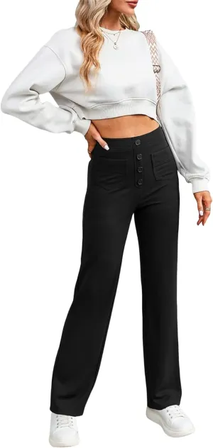 Women's Casual High Waist Stretch Pants,Tummy Control Sailor Wide Leg Trouser Work Straight Leg Stretchy Pants