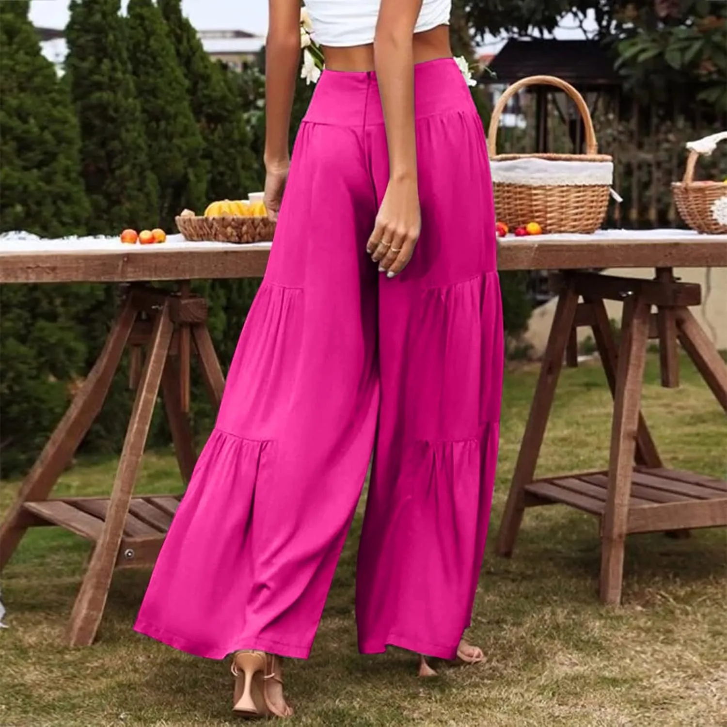 Womens Casual High Waistband Pants Wide Leg Palazzo Patchwork Flowy Comfy Cotton Linen Pants Summer Beach Boho Yoga Trousers