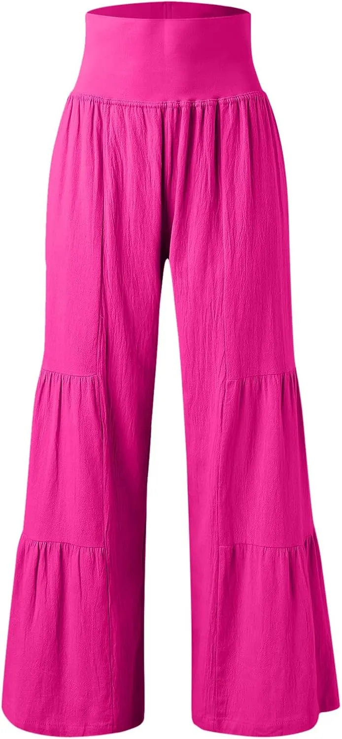 Womens Casual High Waistband Pants Wide Leg Palazzo Patchwork Flowy Comfy Cotton Linen Pants Summer Beach Boho Yoga Trousers