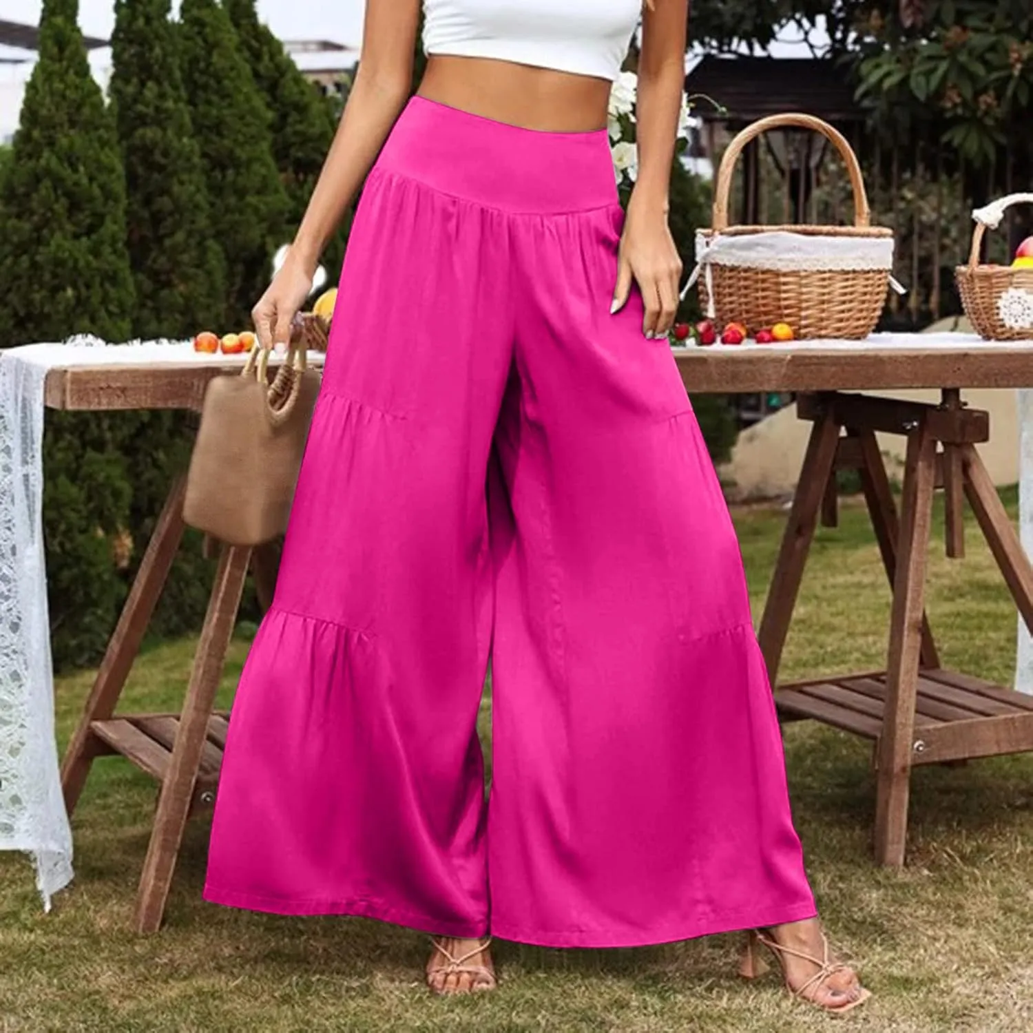 Womens Casual High Waistband Pants Wide Leg Palazzo Patchwork Flowy Comfy Cotton Linen Pants Summer Beach Boho Yoga Trousers