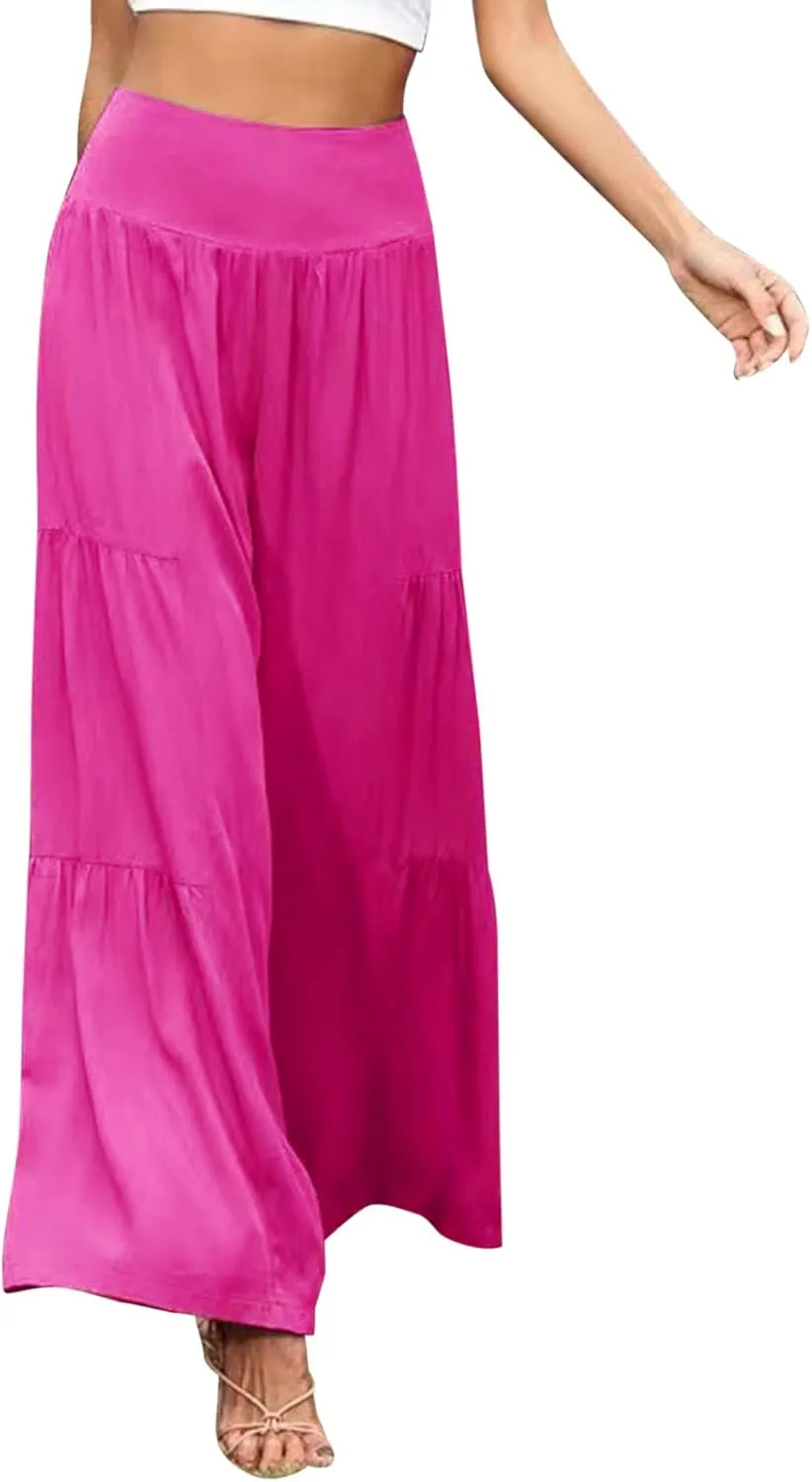 Womens Casual High Waistband Pants Wide Leg Palazzo Patchwork Flowy Comfy Cotton Linen Pants Summer Beach Boho Yoga Trousers