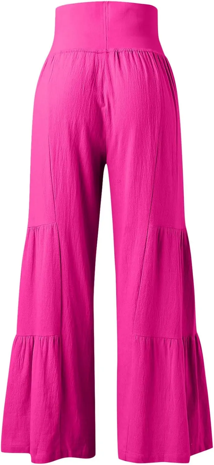Womens Casual High Waistband Pants Wide Leg Palazzo Patchwork Flowy Comfy Cotton Linen Pants Summer Beach Boho Yoga Trousers