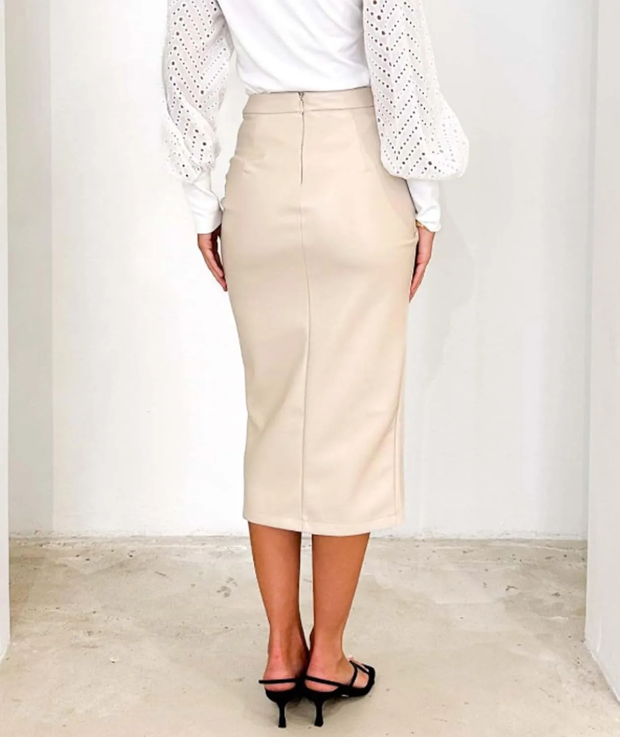 Womens Casual Leather Pencil Midi Skirt Trendy High Waisted Bodycon Pleated Front Split Skirt