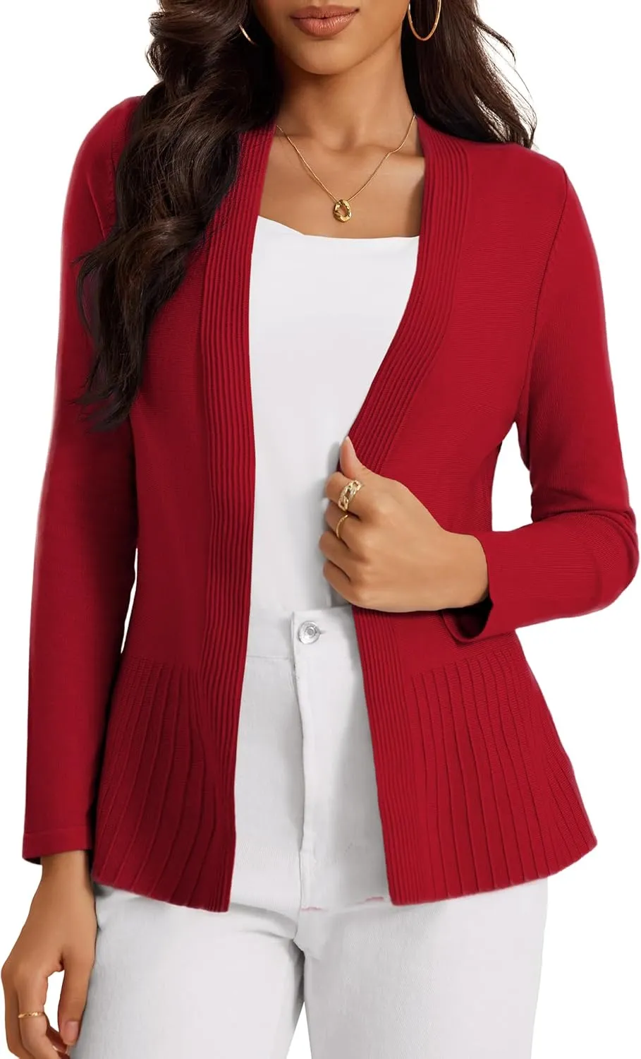 Women's Casual Open Front Sweater Long Sleeve Rib Knit Draped Cardigan