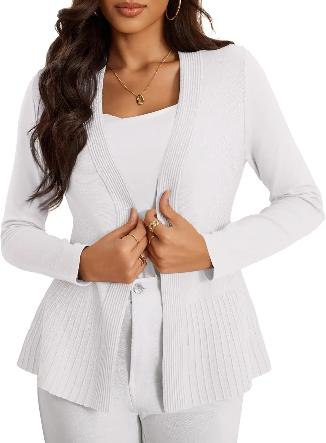 Women's Casual Open Front Sweater Long Sleeve Rib Knit Draped Cardigan