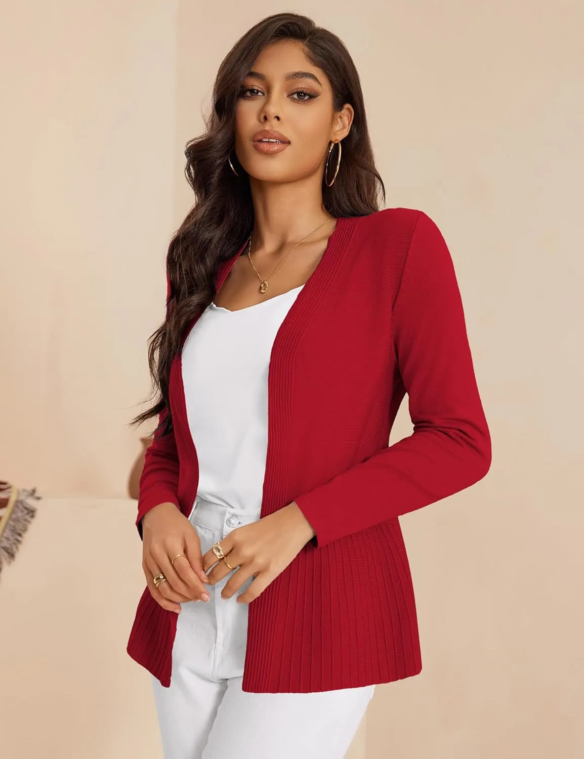 Women's Casual Open Front Sweater Long Sleeve Rib Knit Draped Cardigan
