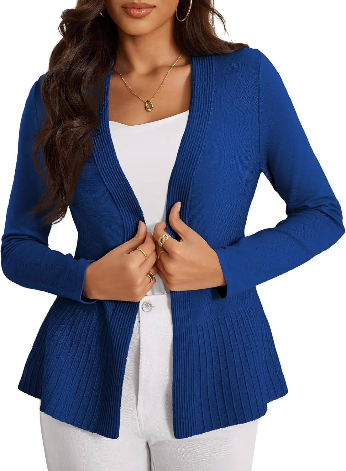 Women's Casual Open Front Sweater Long Sleeve Rib Knit Draped Cardigan