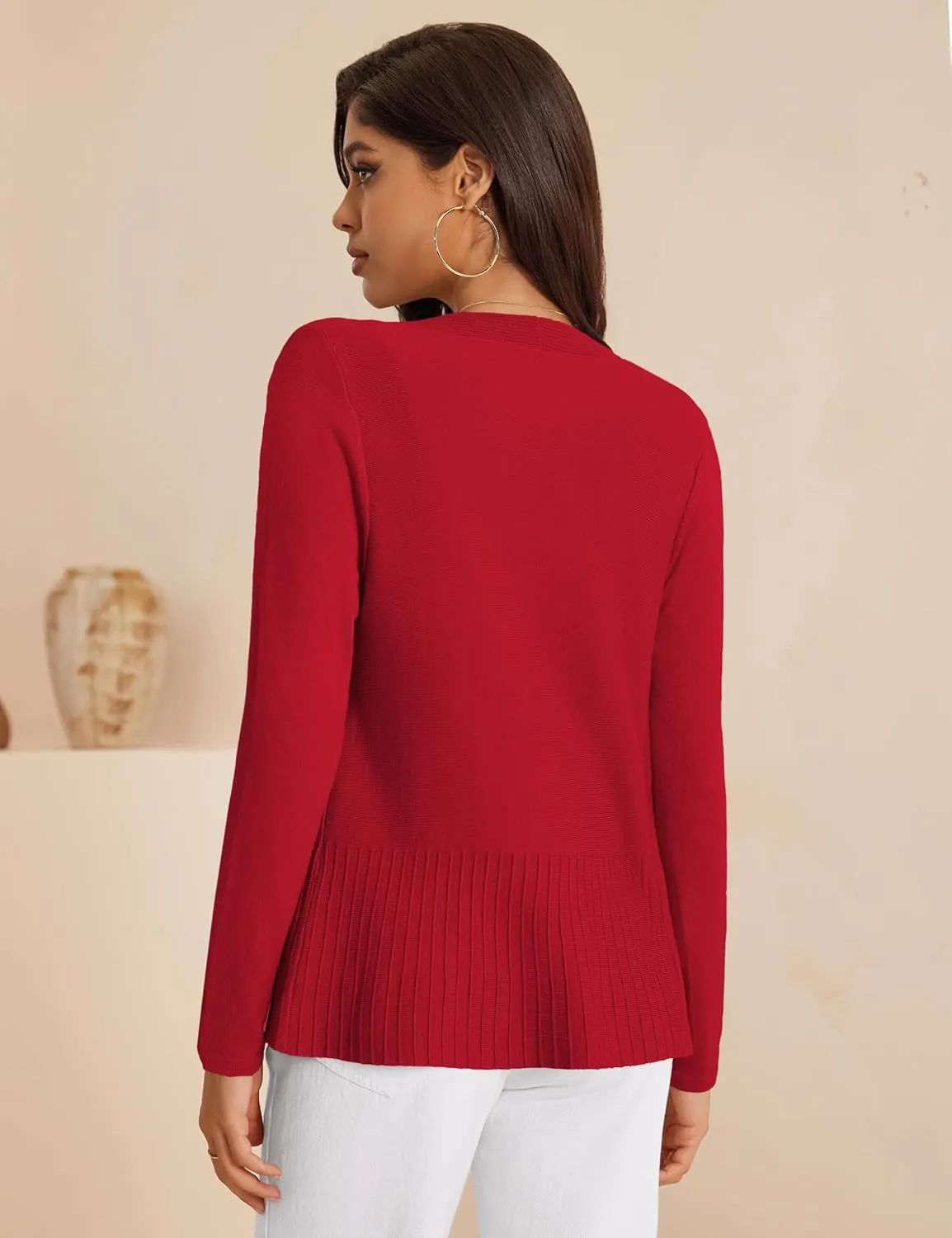 Women's Casual Open Front Sweater Long Sleeve Rib Knit Draped Cardigan