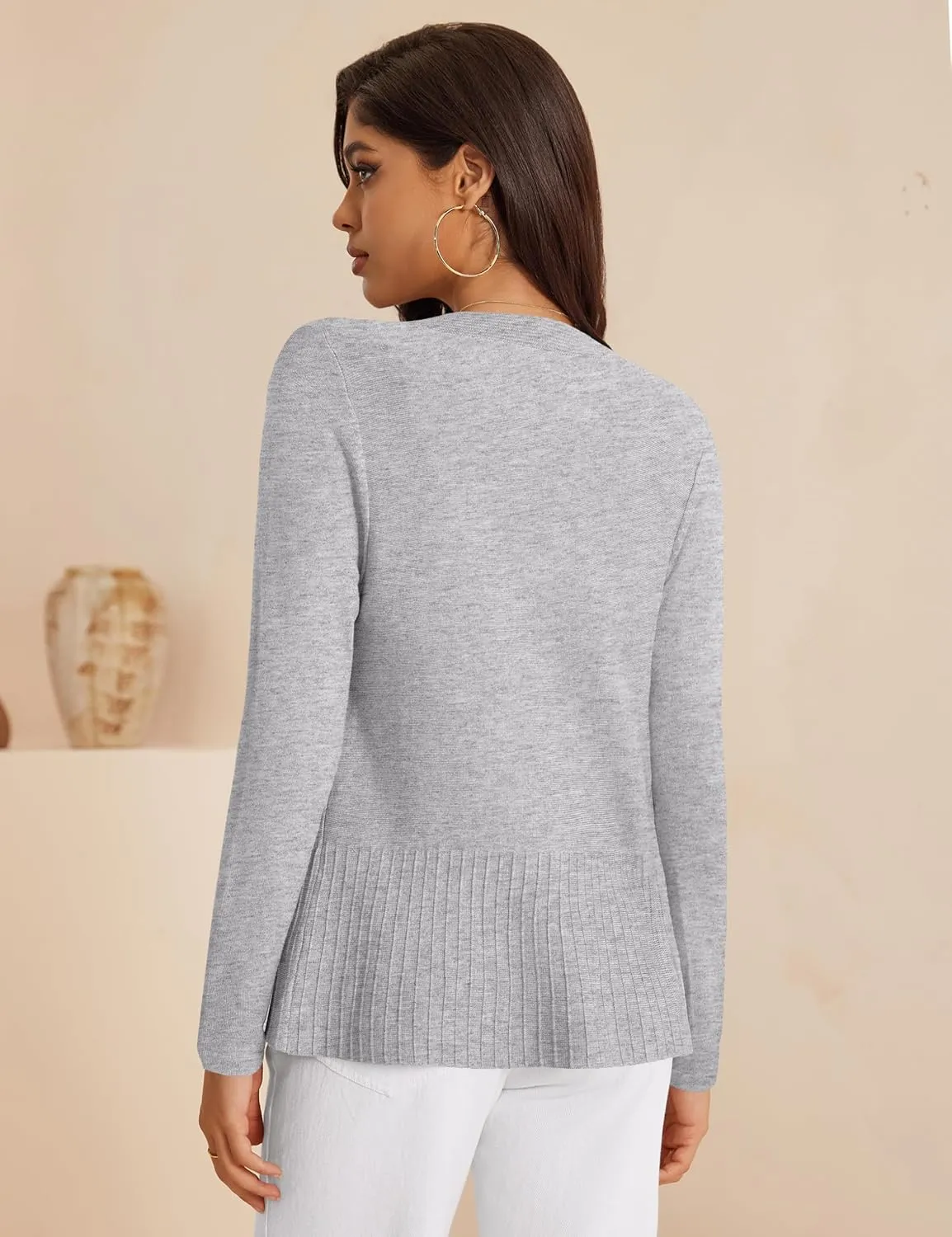 Women's Casual Open Front Sweater Long Sleeve Rib Knit Draped Cardigan