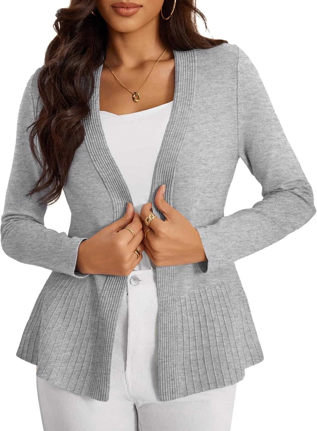 Women's Casual Open Front Sweater Long Sleeve Rib Knit Draped Cardigan
