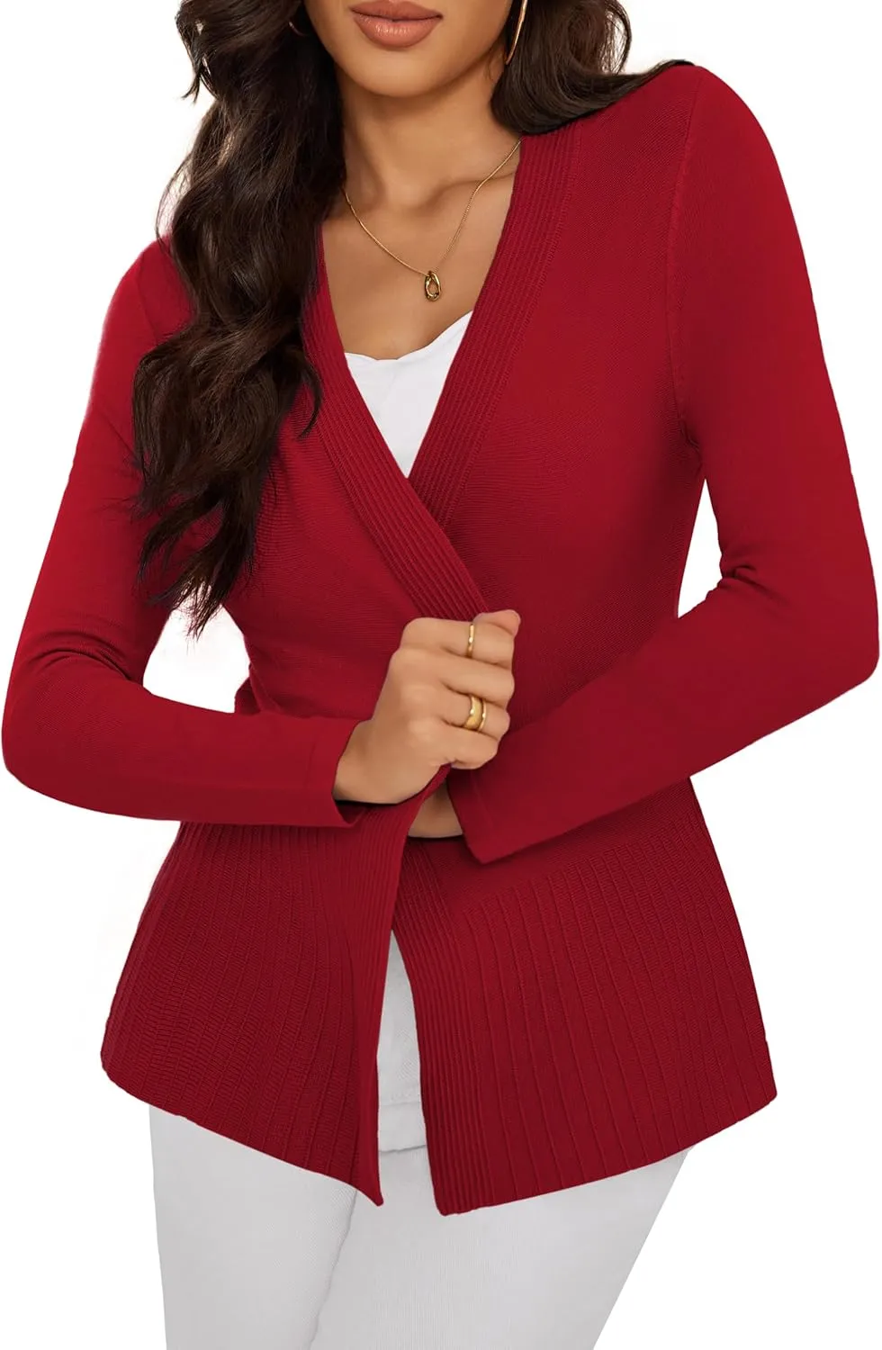 Women's Casual Open Front Sweater Long Sleeve Rib Knit Draped Cardigan