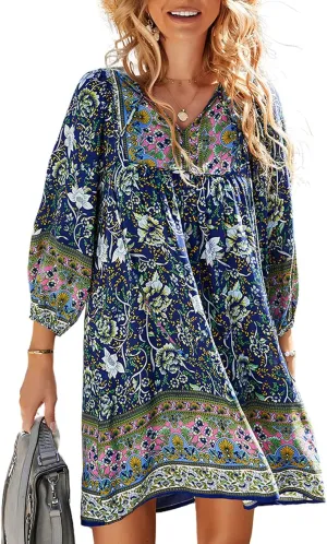 Women's Casual Summer Dress Boho V Neck 3/4 Long Sleeve Ruffle Floral Flowy Babydoll Mini Short Beach Dress