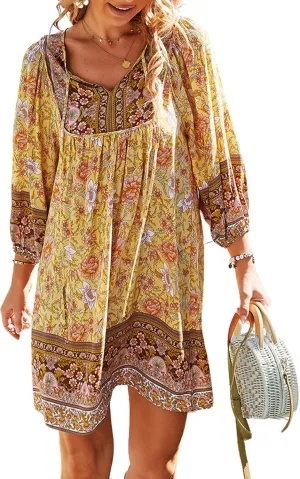 Women's Casual Summer Dress Boho V Neck 3/4 Long Sleeve Ruffle Floral Flowy Babydoll Mini Short Beach Dress