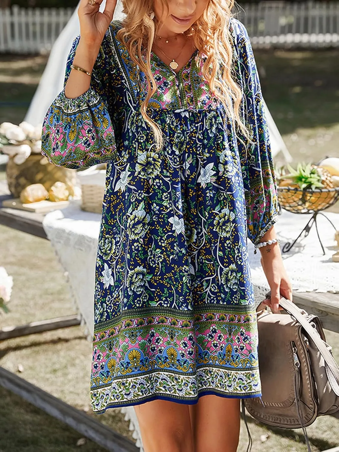 Women's Casual Summer Dress Boho V Neck 3/4 Long Sleeve Ruffle Floral Flowy Babydoll Mini Short Beach Dress