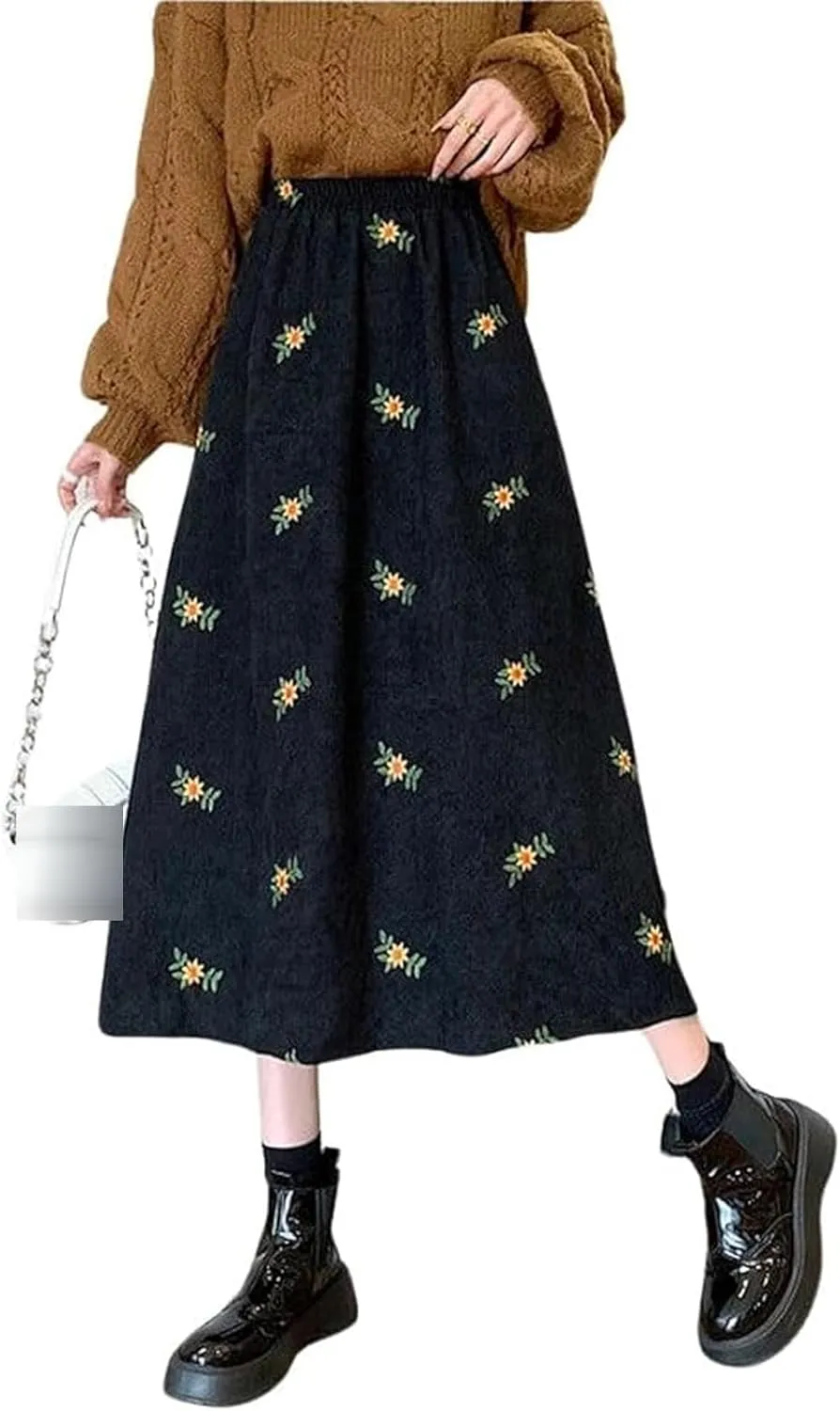 Womens Corduroy Floral Embroidery Long Skirts,A-Line Midi Long Corduroy SkirtNo Pockets