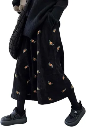Womens Corduroy Floral Embroidery Long Skirts,A-Line Midi Long Corduroy SkirtNo Pockets