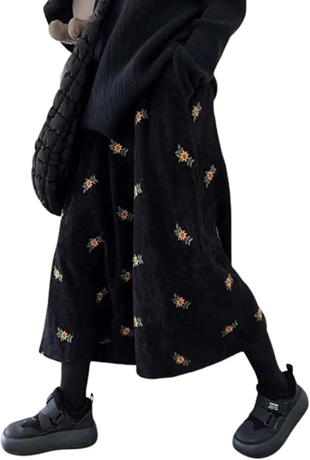 Womens Corduroy Floral Embroidery Long Skirts,A-Line Midi Long Corduroy SkirtNo Pockets