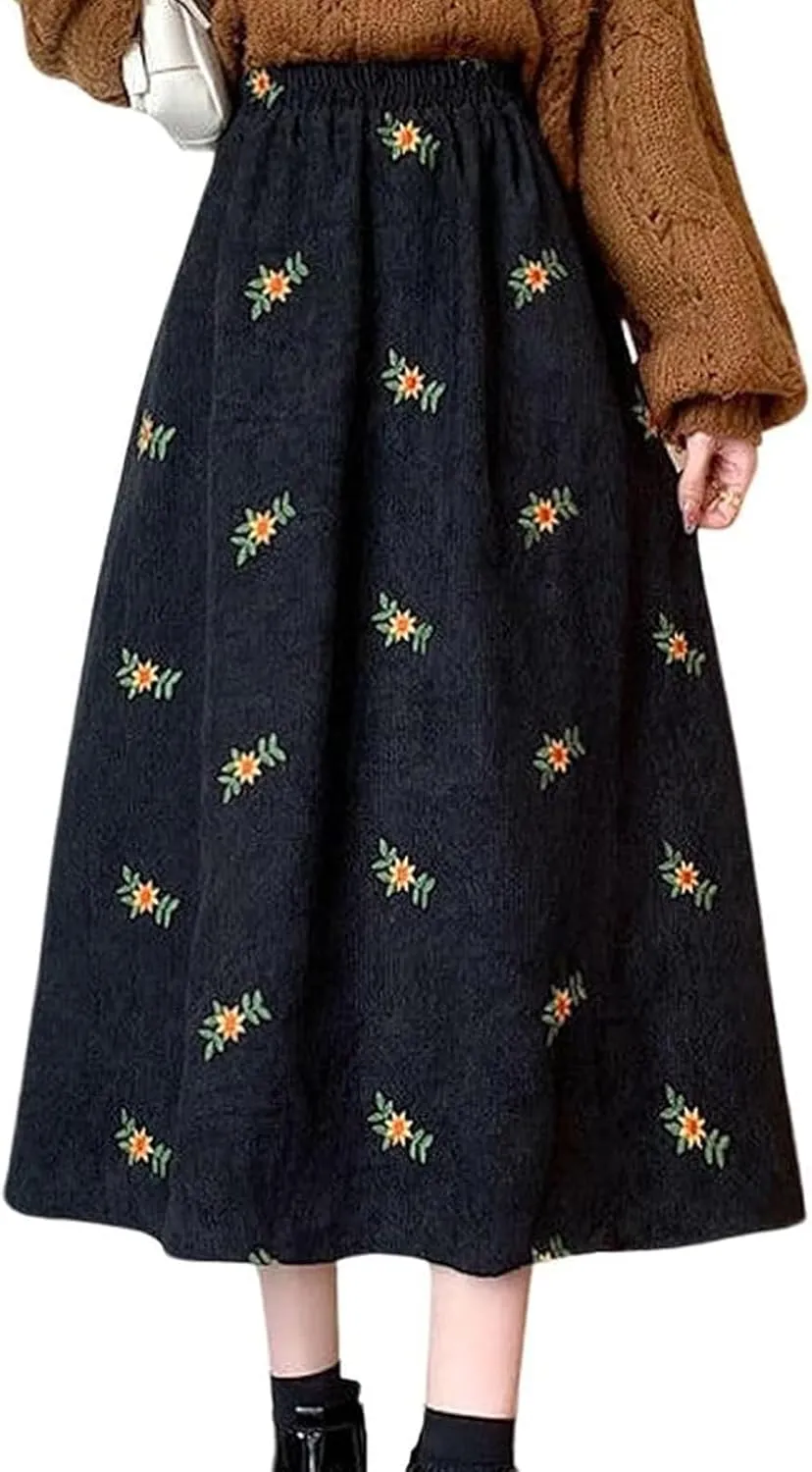 Womens Corduroy Floral Embroidery Long Skirts,A-Line Midi Long Corduroy SkirtNo Pockets