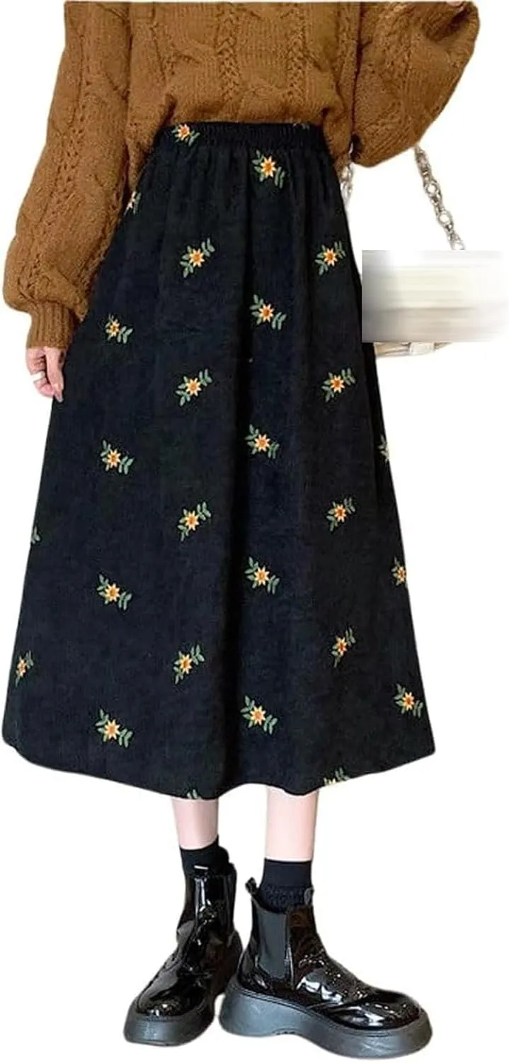 Womens Corduroy Floral Embroidery Long Skirts,A-Line Midi Long Corduroy SkirtNo Pockets