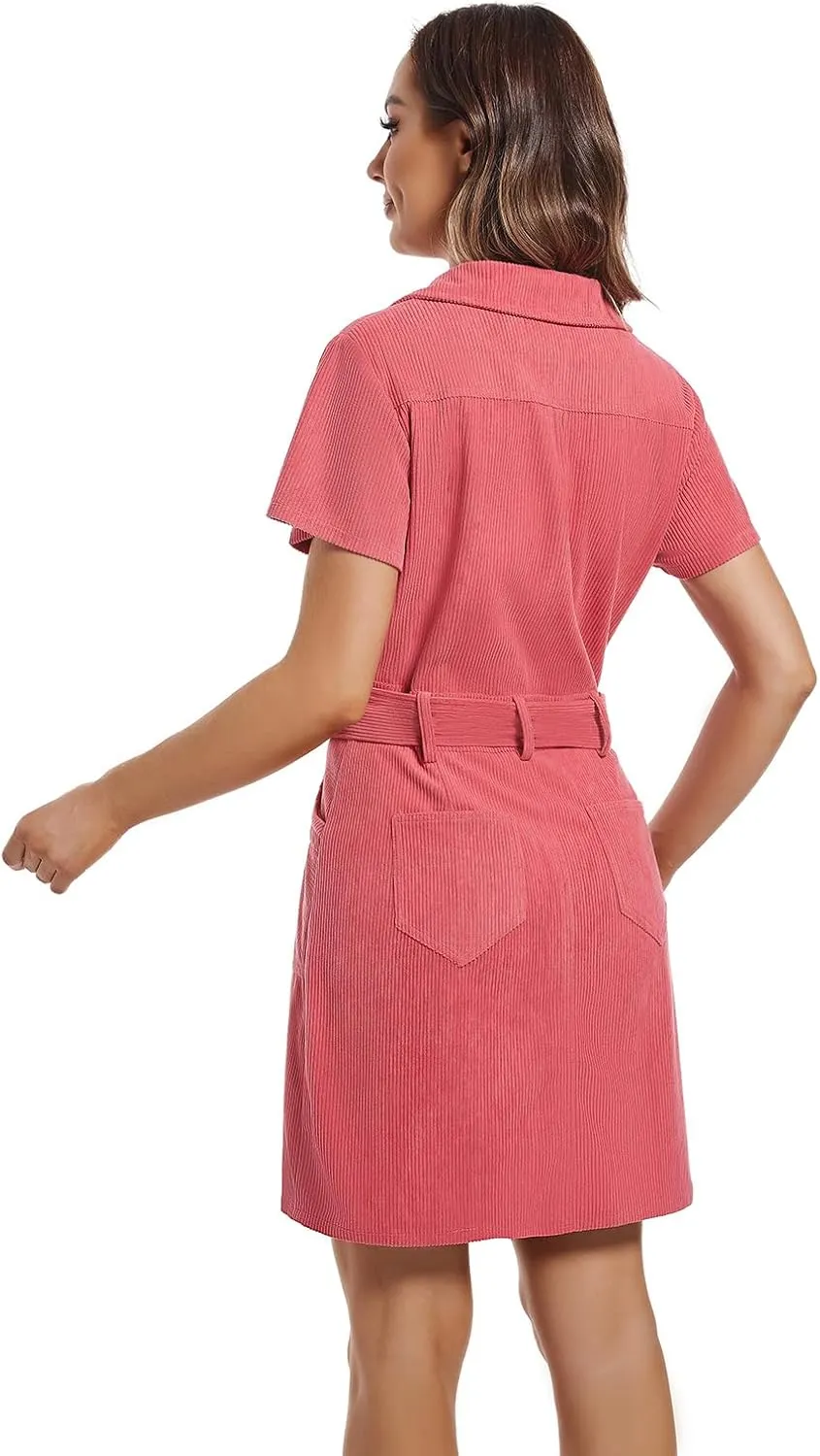 Women's Corduroy Mini Dress with Short Sleeve Lapel Zip Belt Cowgirl Dress with Pockets