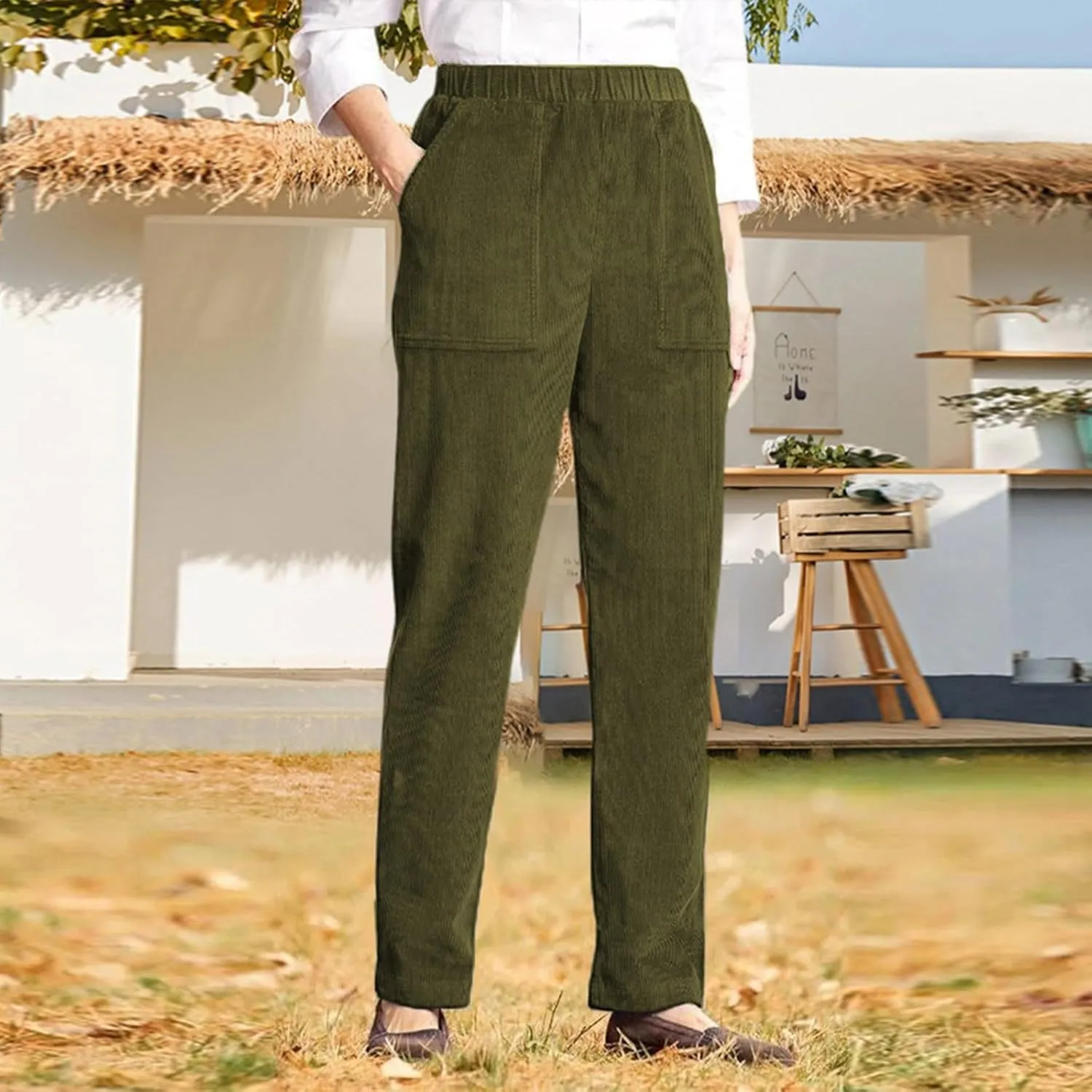 Women's Corduroy Pants Casual High Waist Straight Leg Pants Solid Color Comfy Baggy Pants Trousers with Pockets