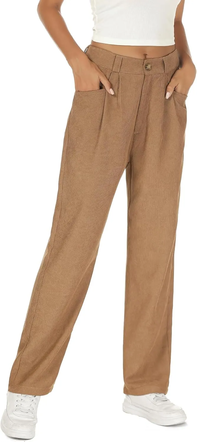 Womens Corduroy Pants High Waist Straight Leg Casual Pants with Pockets Slim Fit Trousers