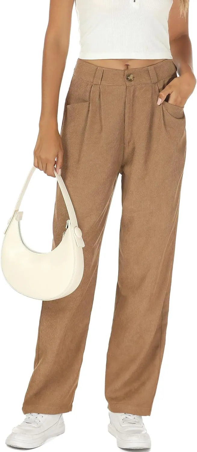 Womens Corduroy Pants High Waist Straight Leg Casual Pants with Pockets Slim Fit Trousers